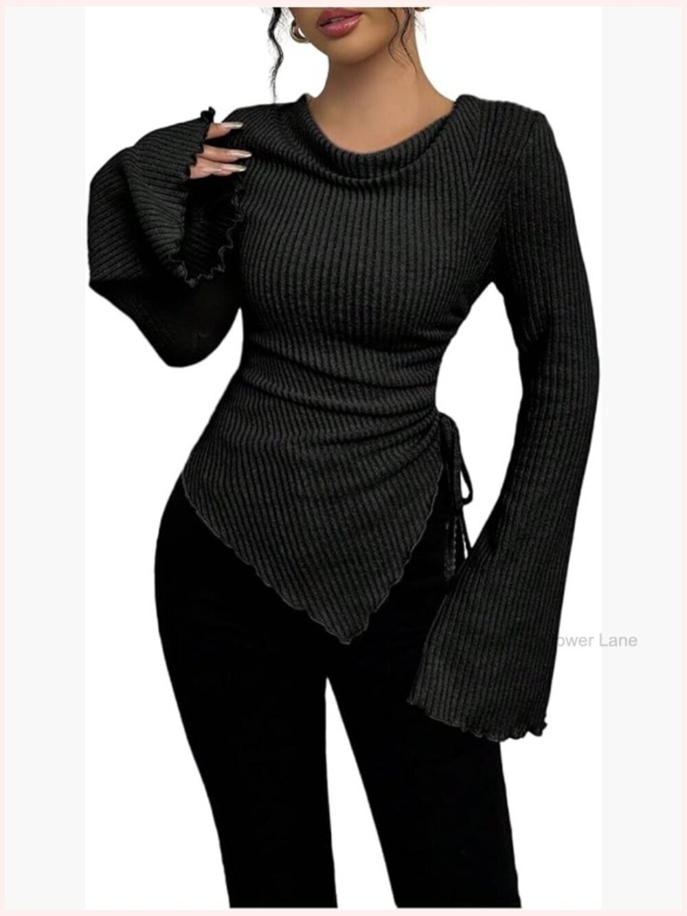Ribbed Knit Cowl Neck Bell Sleeve T-Shirt Tops Y2K Going Out Tee